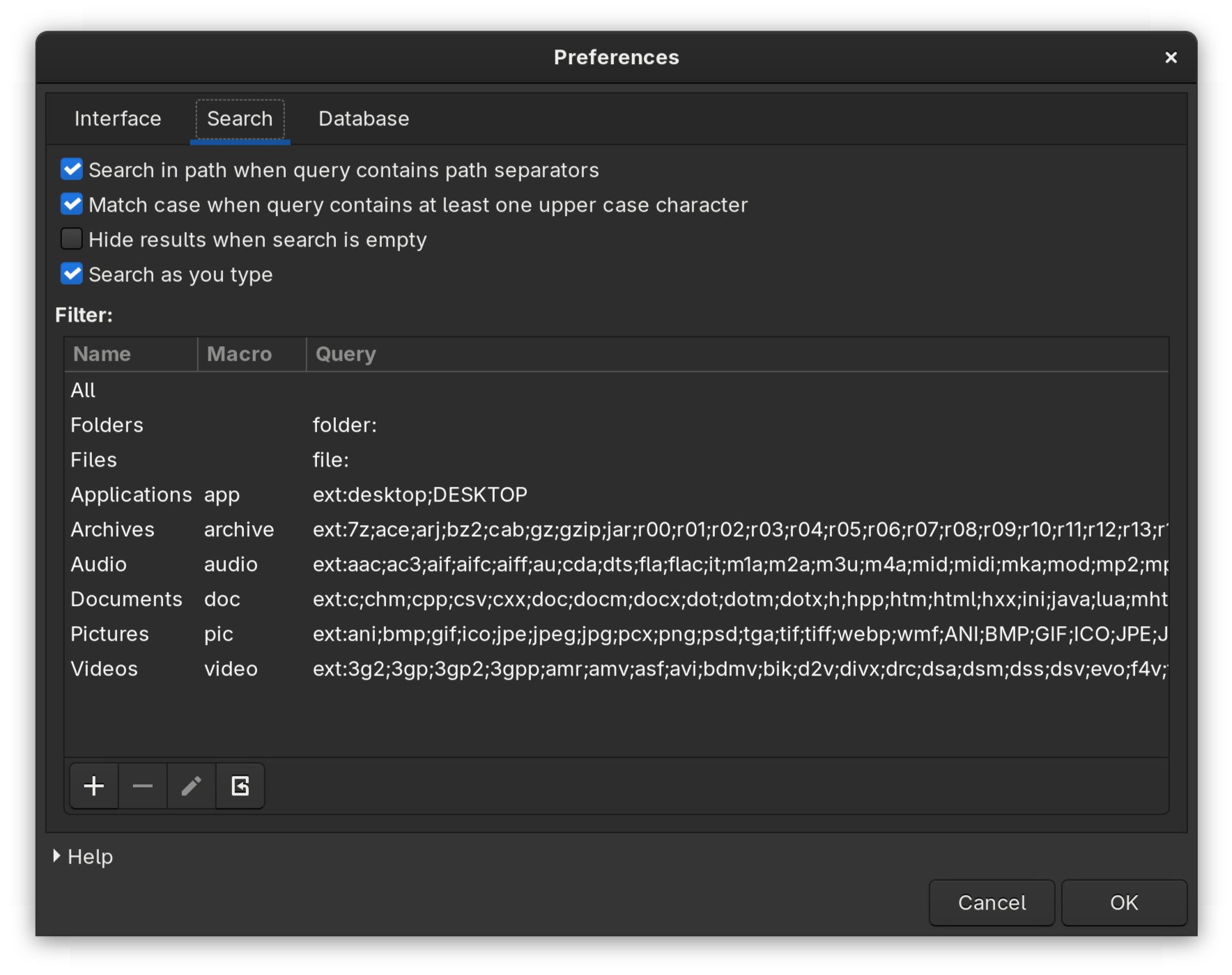 Various categories and their extensions in FSearch