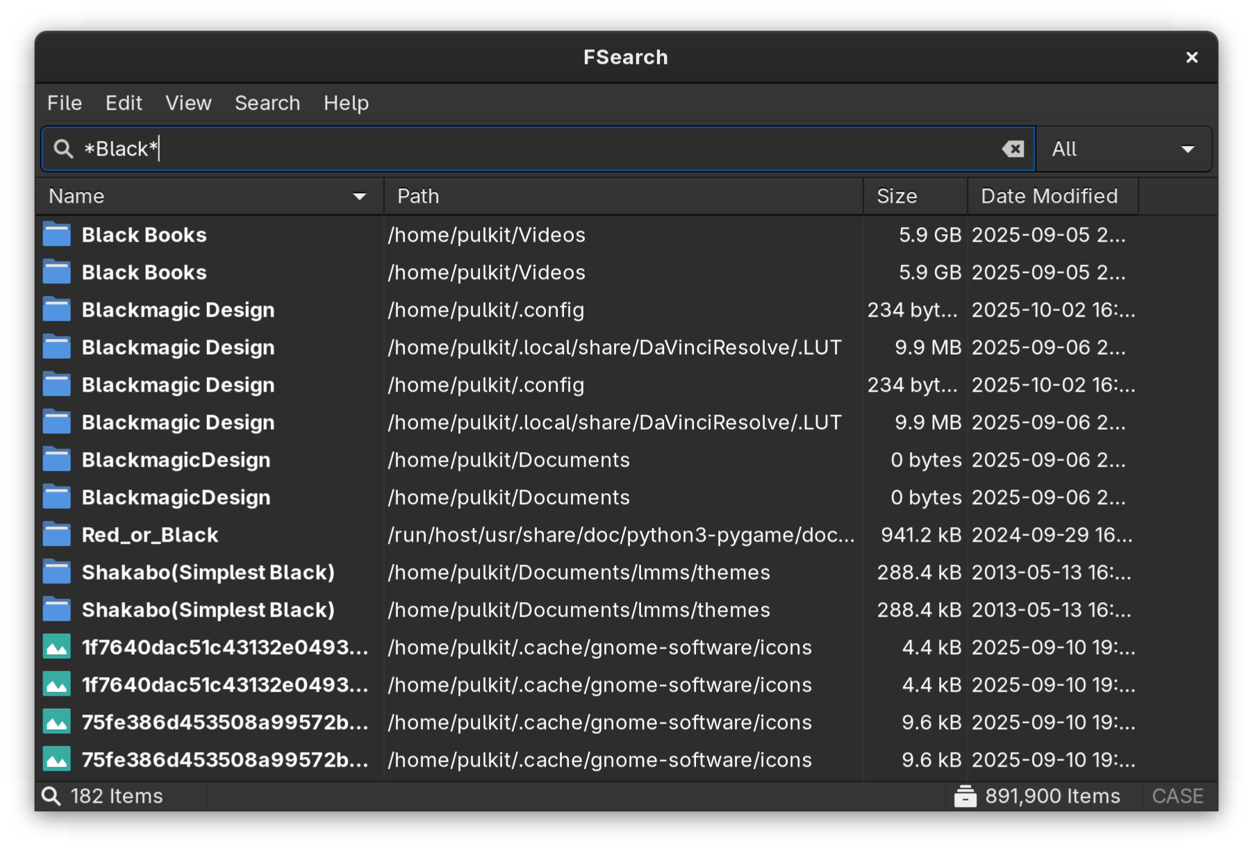 Search example showing usage of wildcards in FSearch