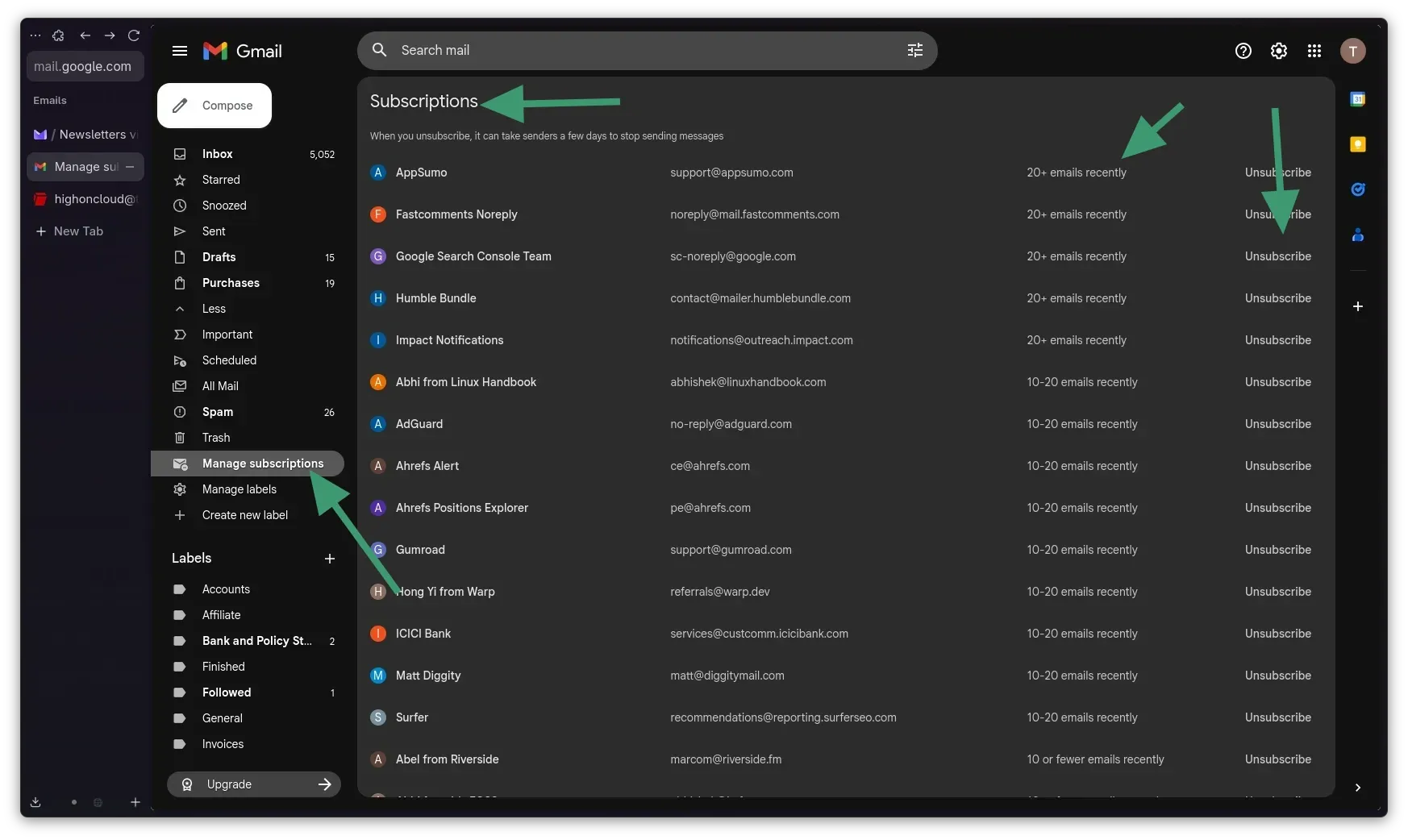 Newsletter view in Gmail