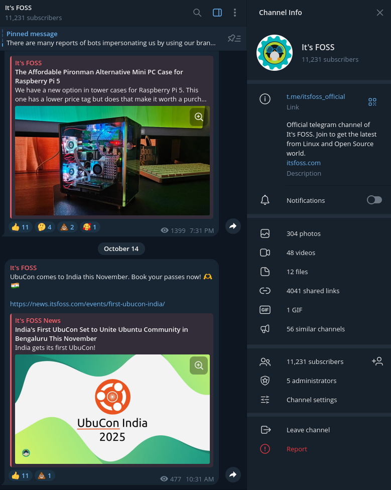 a screenshot of the it's foss telegram channel with 11,231 subscribers, and some posts on the left