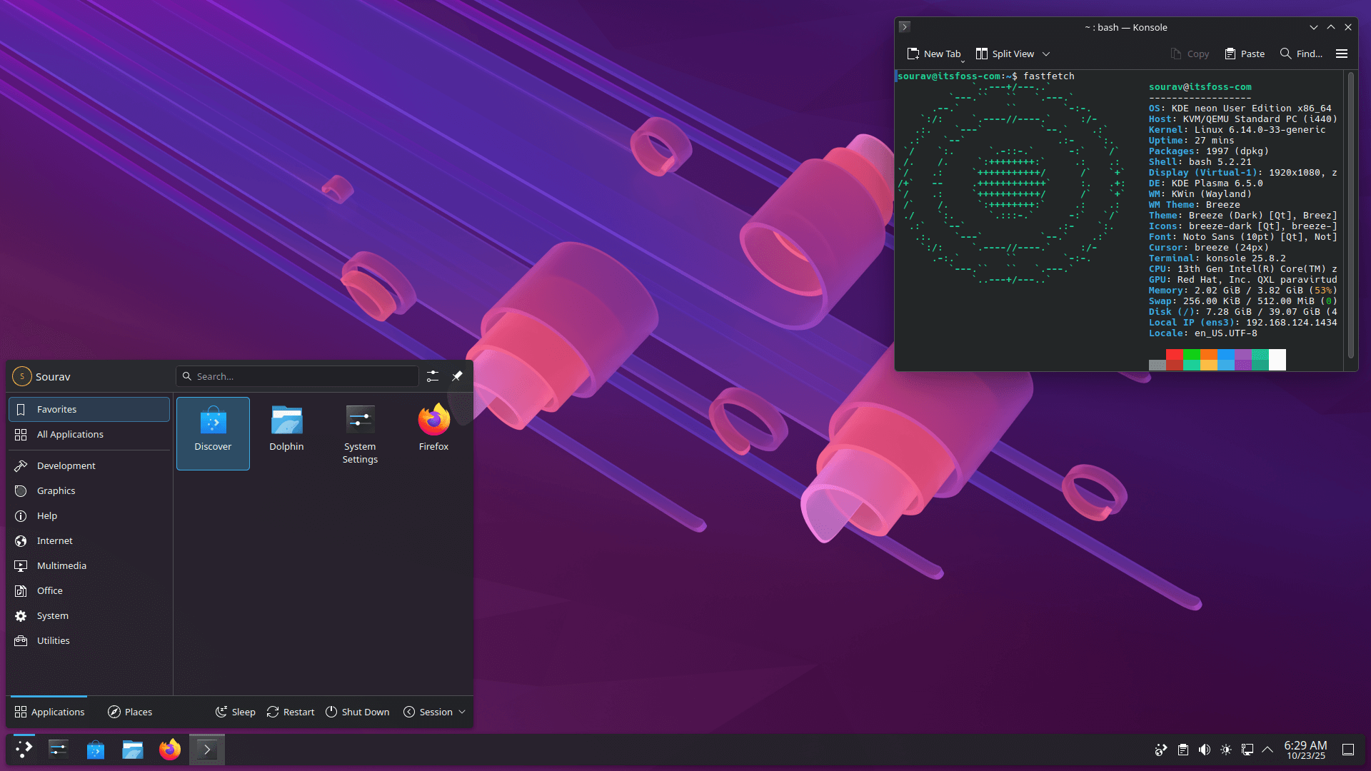 a screenshot that shows a kde neon system running pasma 6.5 with the application launcher expanded on the bottom left and a fastfetch output open in the terminal app on the top right, the wallpaper is a mix of pink and purple hues
