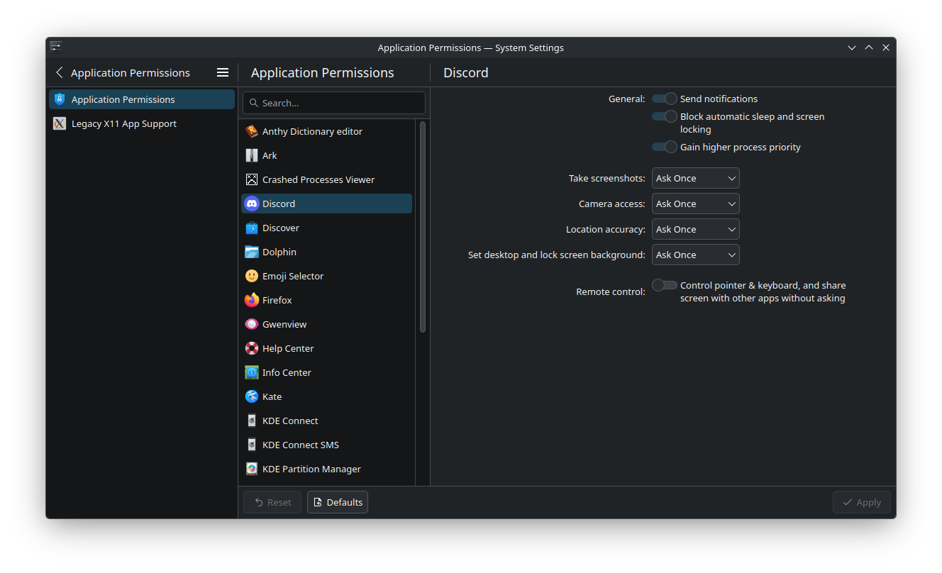a screenshot of the new application permissions dialog on kde plasma 6.5 with the permissions page for discord (snap variant) open