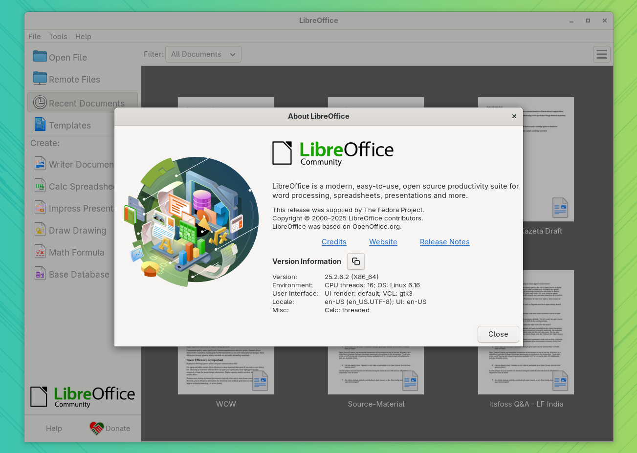 the about dialog is shown for libreoffice, with the main user interface in the background with some documents visible