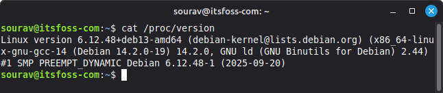 the cat /proc/version command output is shown here inside a terminal window on a lmde 7 system