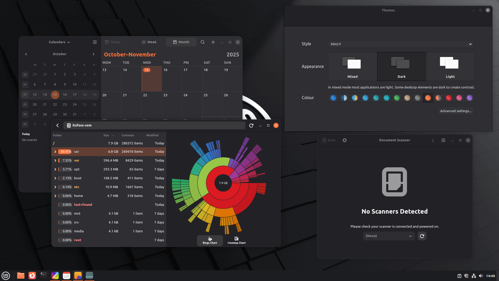 four app windows are open, three of which are gnome apps, on the left is calendar and disk usage analyzer, on the right is the themes app of linux mint and a document scanner from gnome