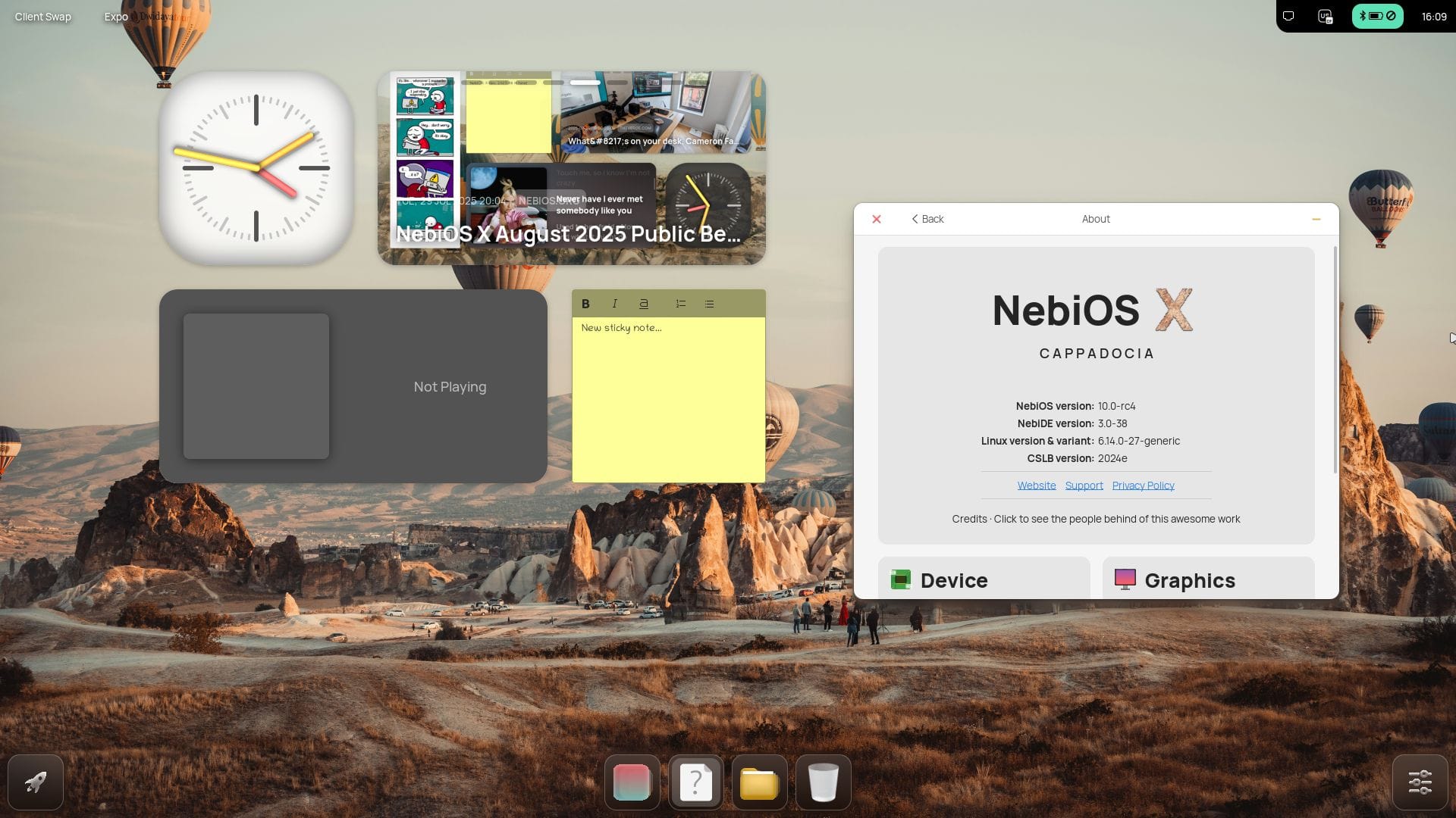 this picture shows a filled desktop view of nebios x, it has some handy widgets on the left, and the about system dialog on the right