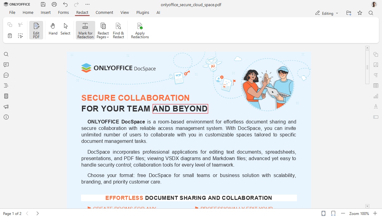 the new redact tool for onlyoffice pdf editor is demoed here, the new redact tab is shown above with a piece of text from a document selected for redaction below