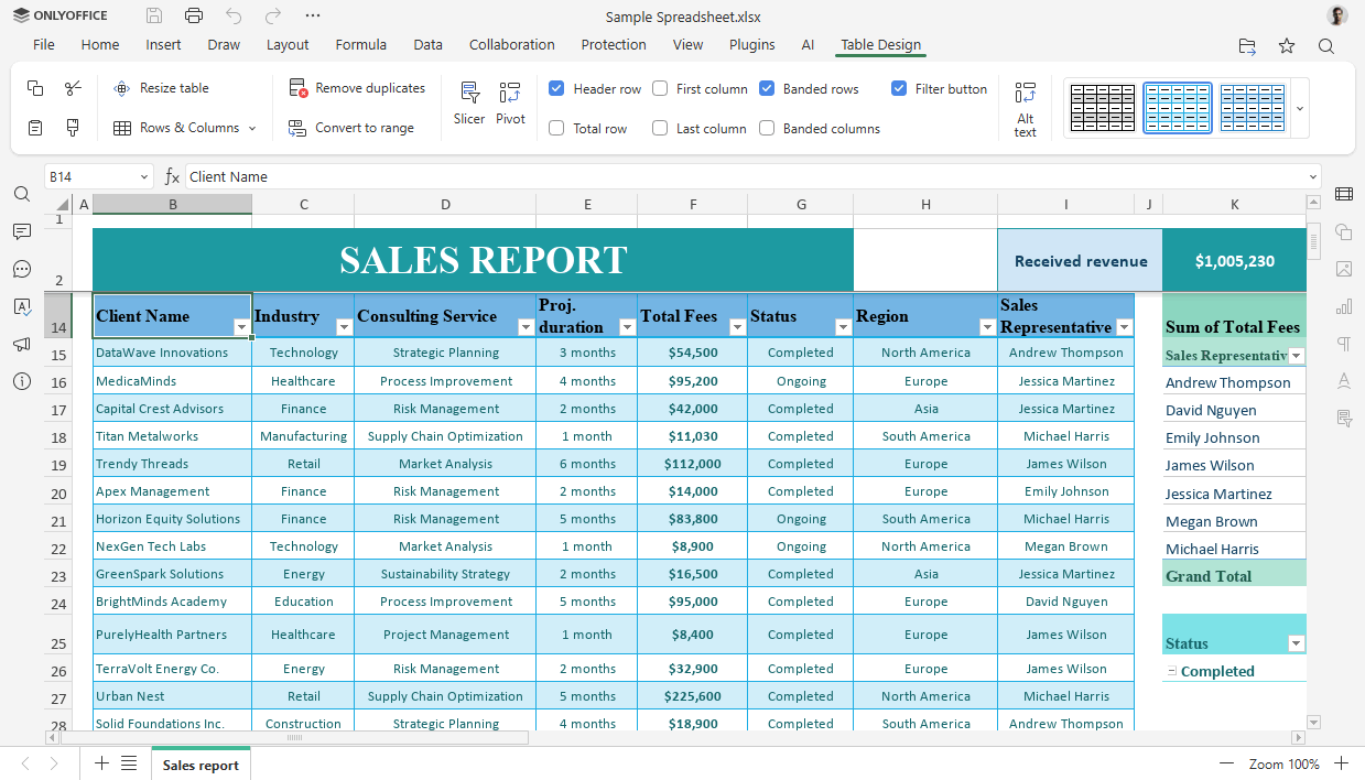 this shows onlyoffice spreadsheet editor with the new tab design tab on the top of the interface, above the open document