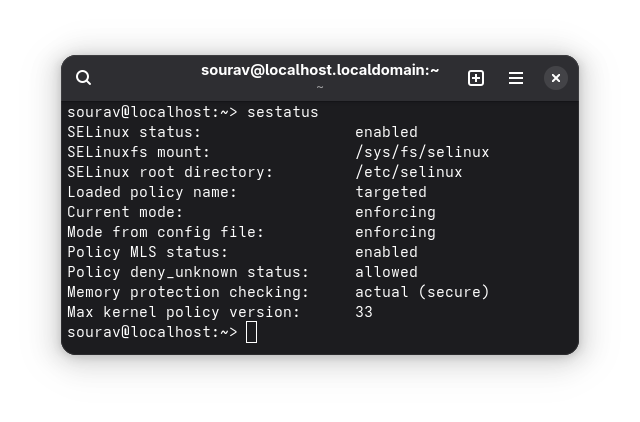 a terminal window that has the sestatus command executed, it is showing some important details related to the selinux configuration on a opensuse leap 16 system