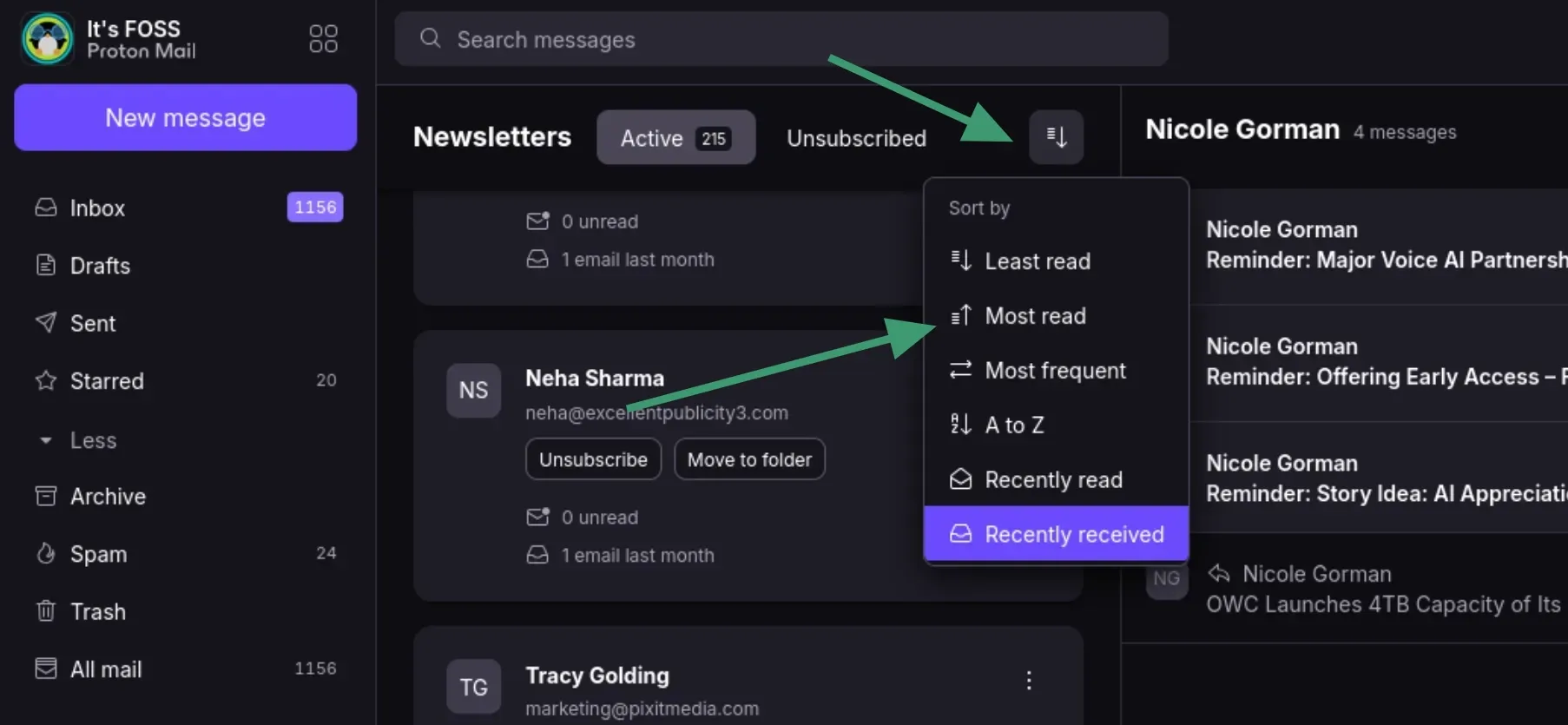 Sorting the newsletters in ProtonMail