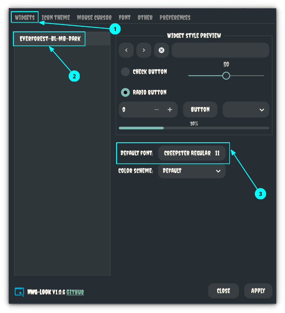 Change the GTK theme and font for GTK apps.