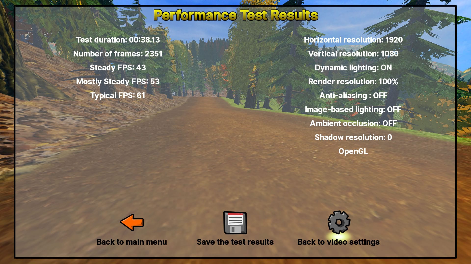 a screenshot of the new benchmark feature that i ran in supertuxkart 1.5, it shows some key info like test duration, fps, resolution, and some graphical settings