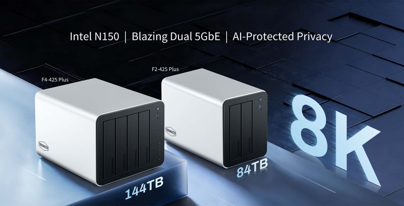 the two new terramaster devices, the f4-425 plus (left) and the f2-425 plus (right) are shown in this banner with some specs written in white spread around the image