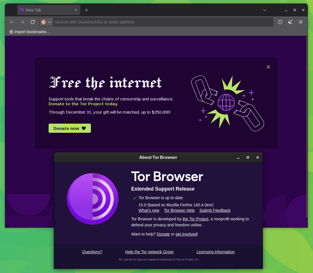 this picture shows a tor browser 15.0 window open in the background, with a about tor browser dialog open in the foreground, it shows many details related to the release