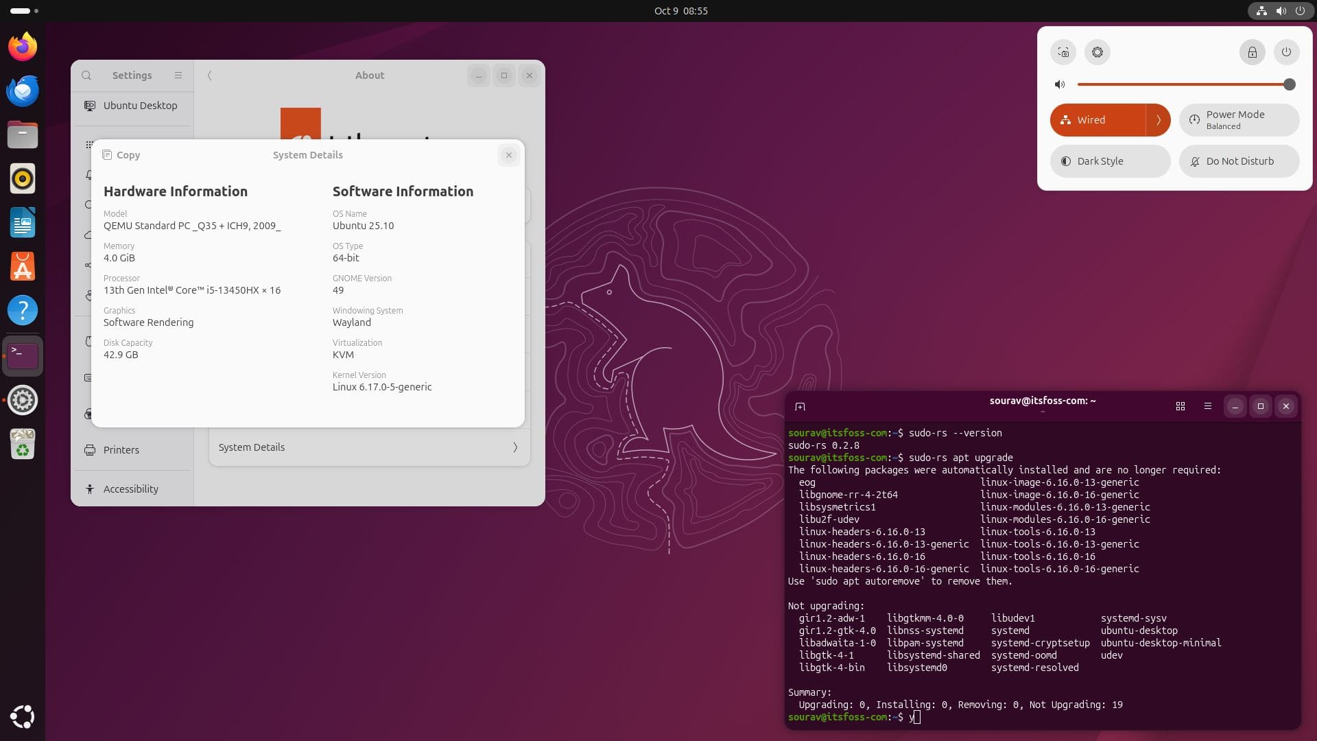 a screenshot of ubuntu 25.10 desktop with the system details page open on left showing important information including the gnome version being 49, on the right we can see the quick settings menu open with the terminal app below it, running the sudo-rs --version and sudo-rs apt update commands