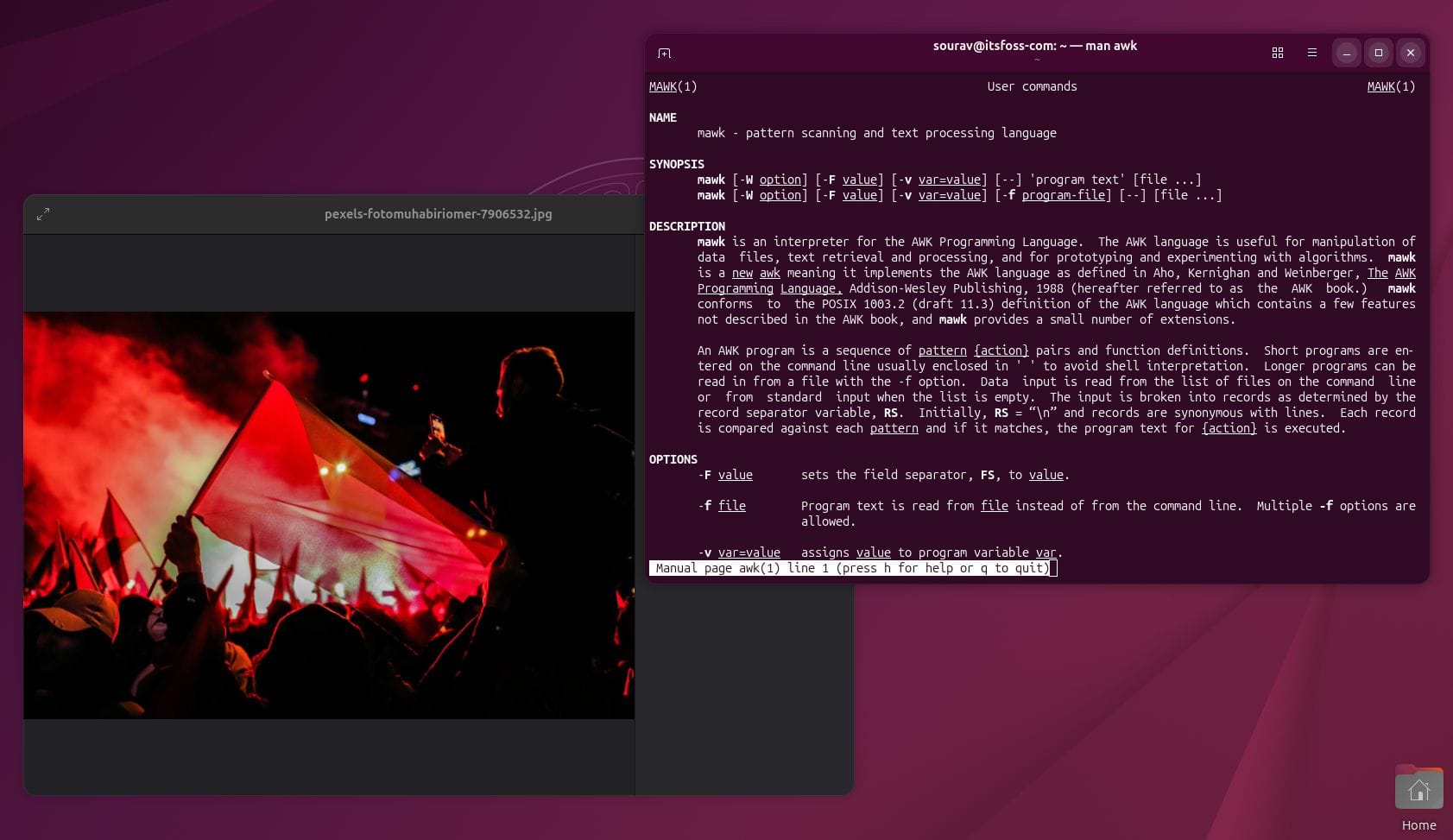 the ptyxis terminal app is shown running the man awk command on the right, and the loupe image viewer is shown on the left, with the image of a humanitarian protest open in it