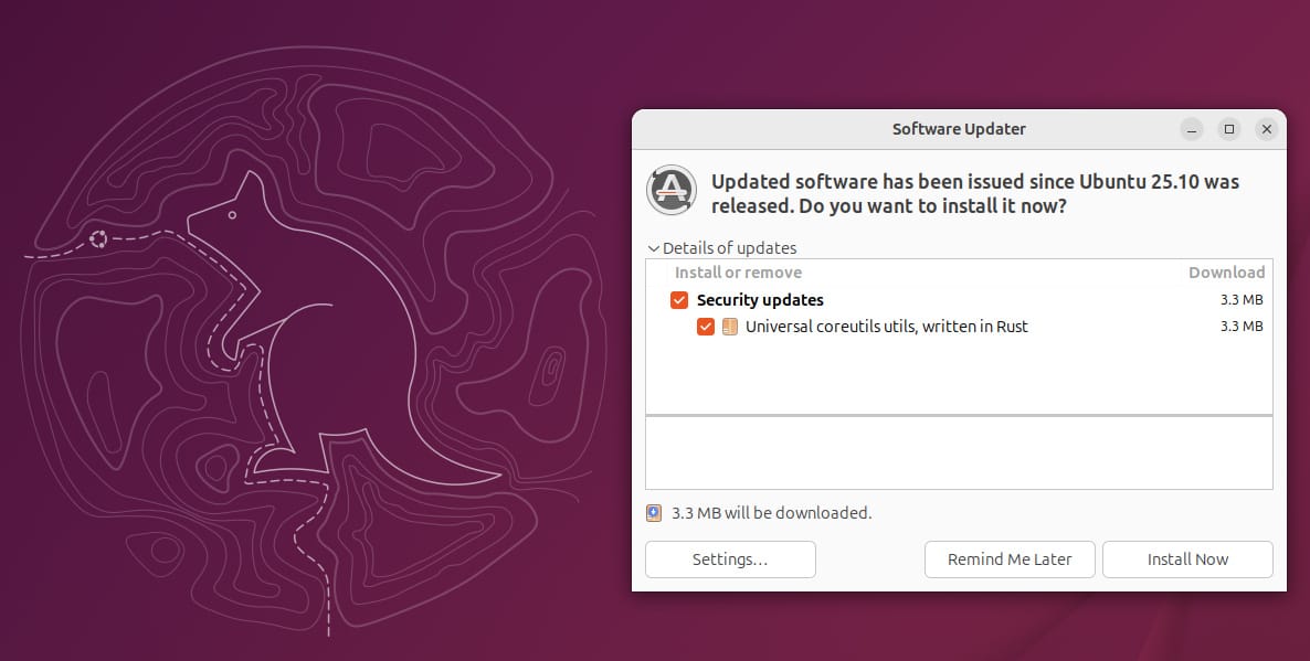 a snippet of a ubuntu 25.10 system with the software updater showing a critical security update for the coreutil utils package on the left, with ubuntu 25.10's topographical-themed quokka mascot wallapaper being visible on the left