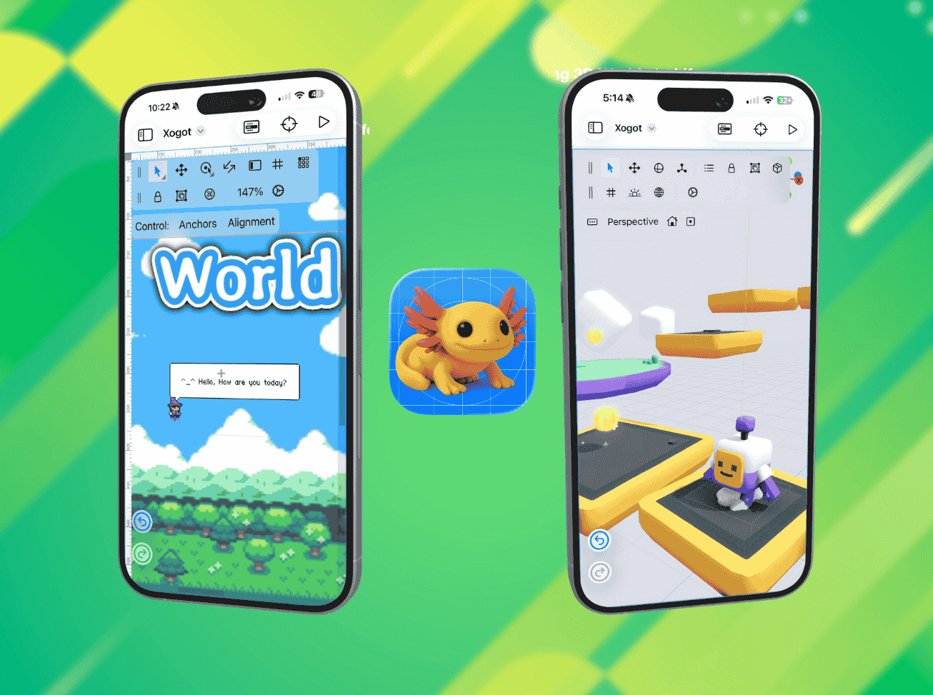 on the left of the image is a 2d game development demo on the iphone app for xogot, on the right is the 3d game dev demo