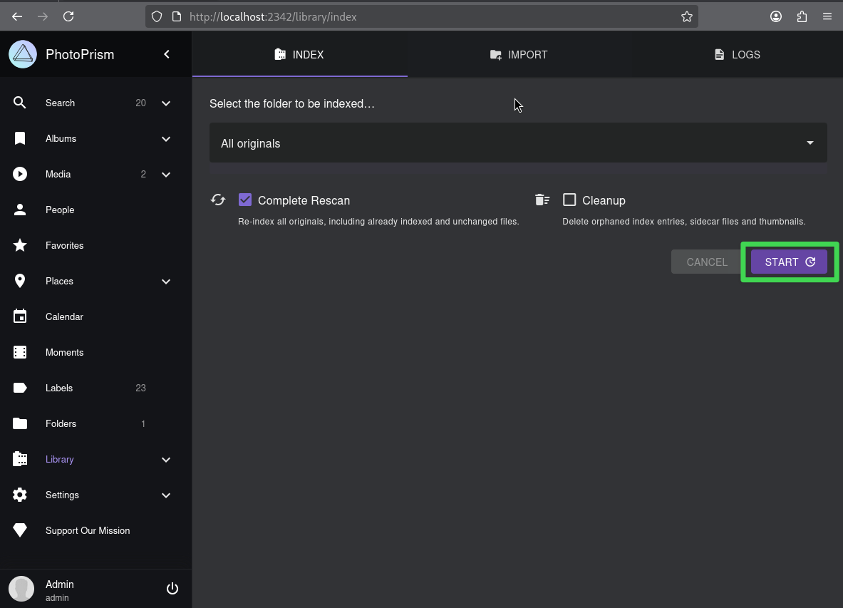 PhotoPrism Library Menu