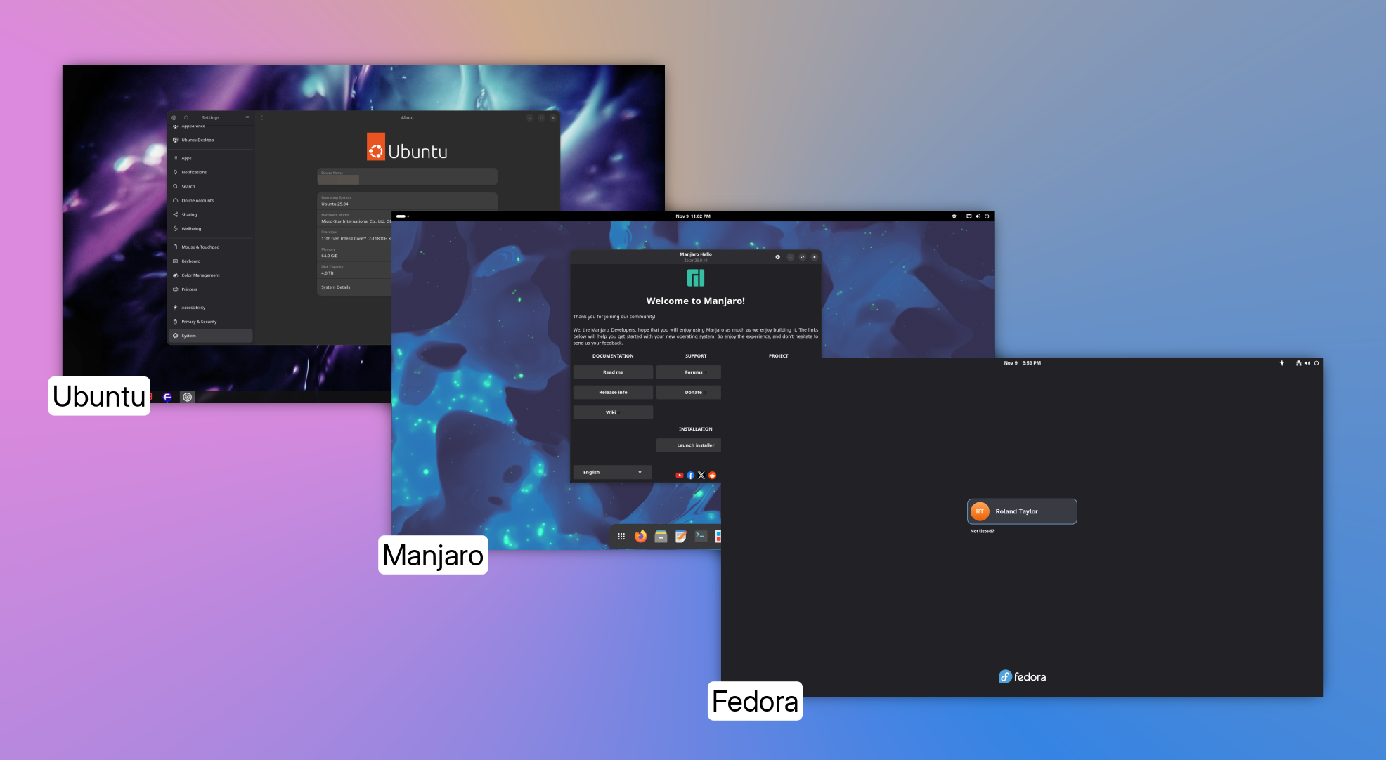 Ubuntu, Manjaro, and Fedora in a collage with gradient of pale purple, dull yellow, and light blue.