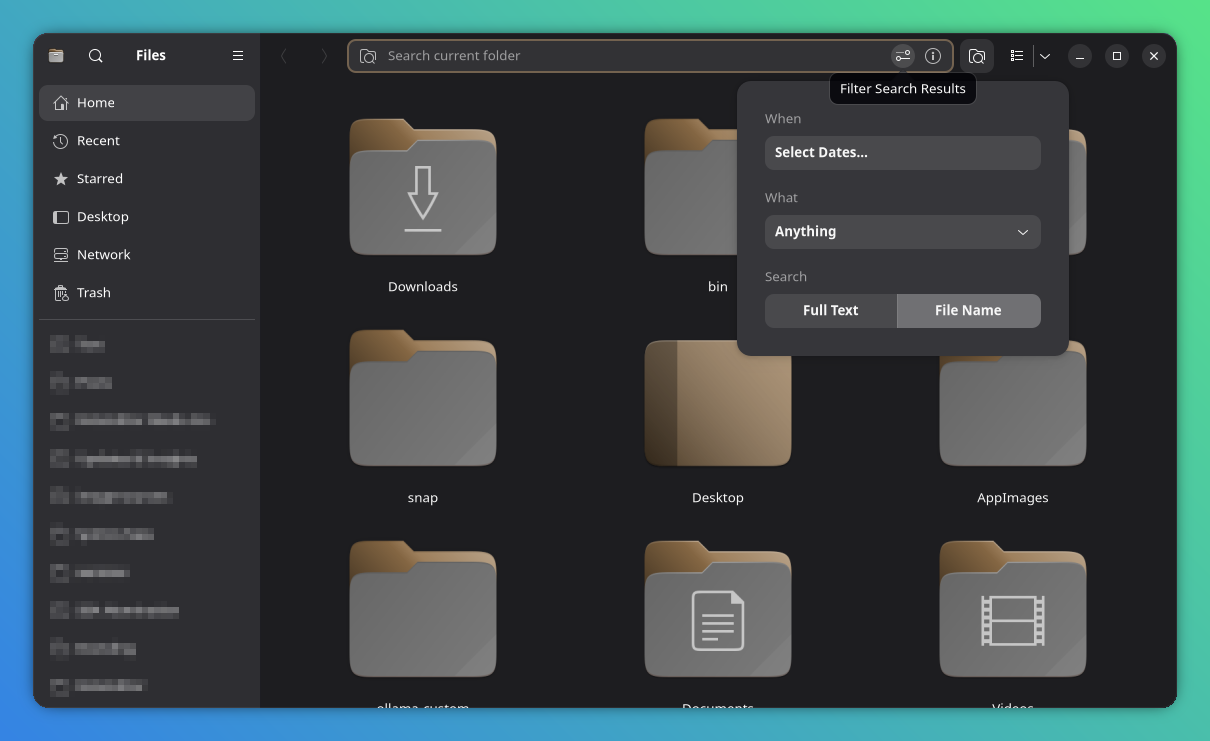 GNOME Files with the search filter open