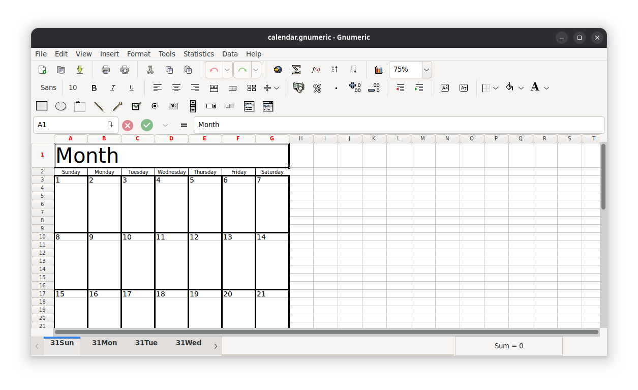 Gnumeric showing the default interface with a calendar template open