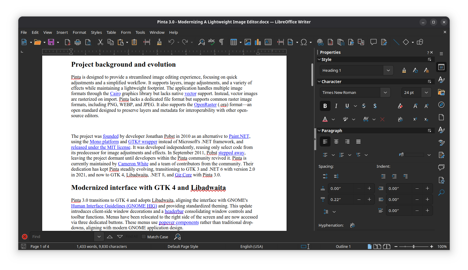 LibreOffice Writer editing a document in single toolbar mode with the sidebar enabled