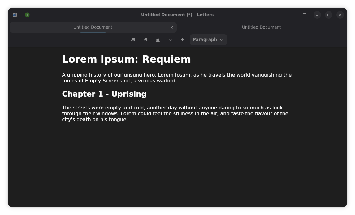 Letters showing its editing interface, tabs, and formatting features