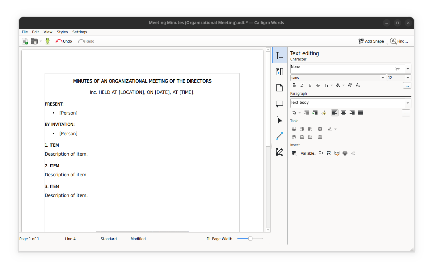 Calligra Words with the default interface, editing a document