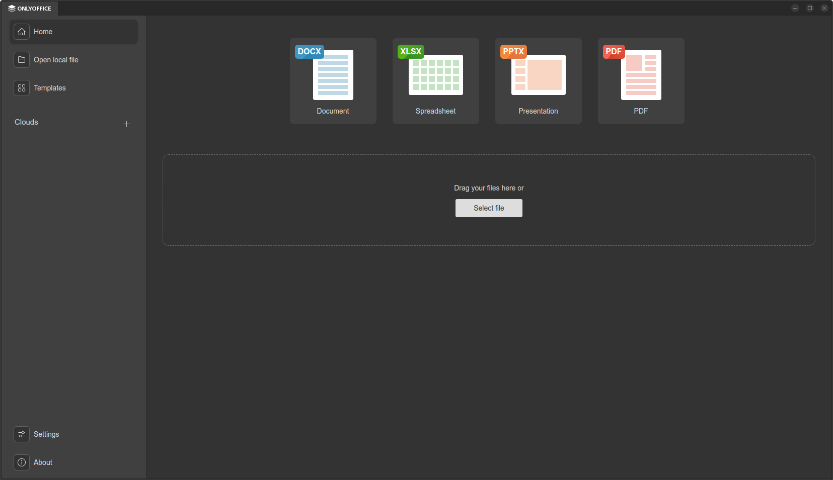 The home page in ONLYOFFICE showing editor selection