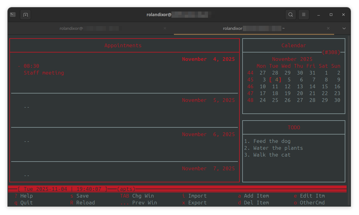 Calcurse in interactive mode, in its default view, with a single appointment added, and three items in the todo list