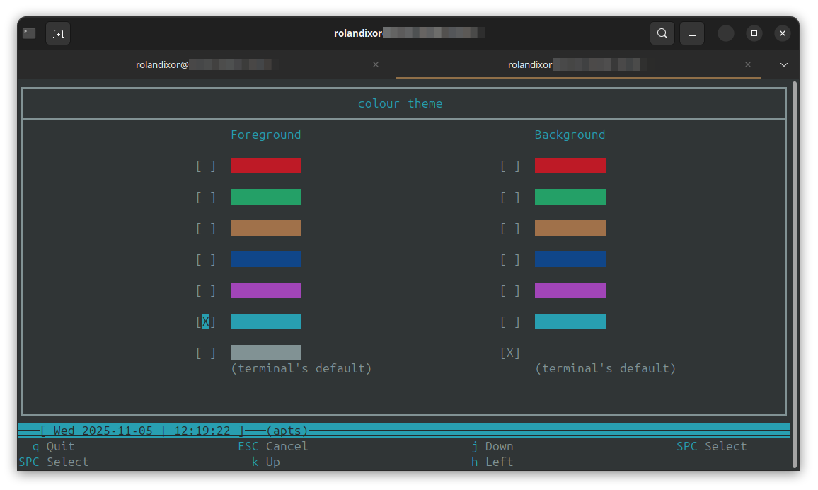 The colour theme selection view in Calcurse