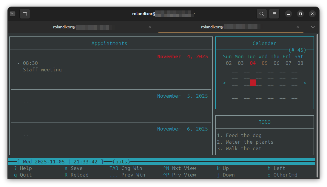 Calcurse with the calendar in week view, a custom highlight colour, and all other options as default.