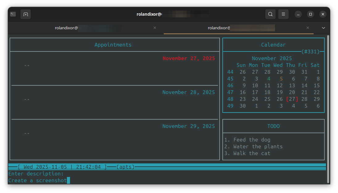 Creating an appointment in Calcurse with the calendar set to month view, showing the day of the year selected (331)