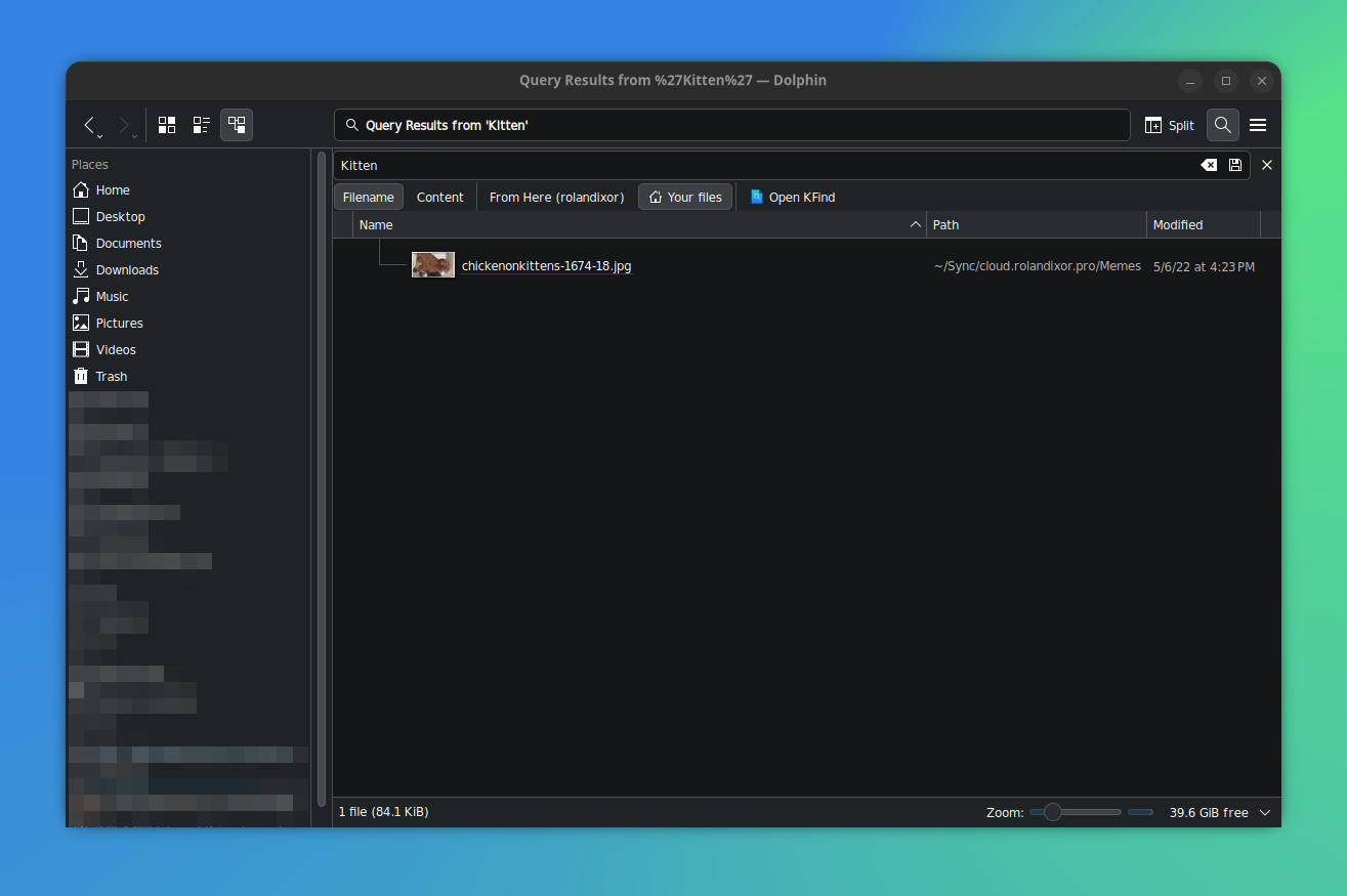 Dolphin in dark mode, demonstrating a simple filename search query