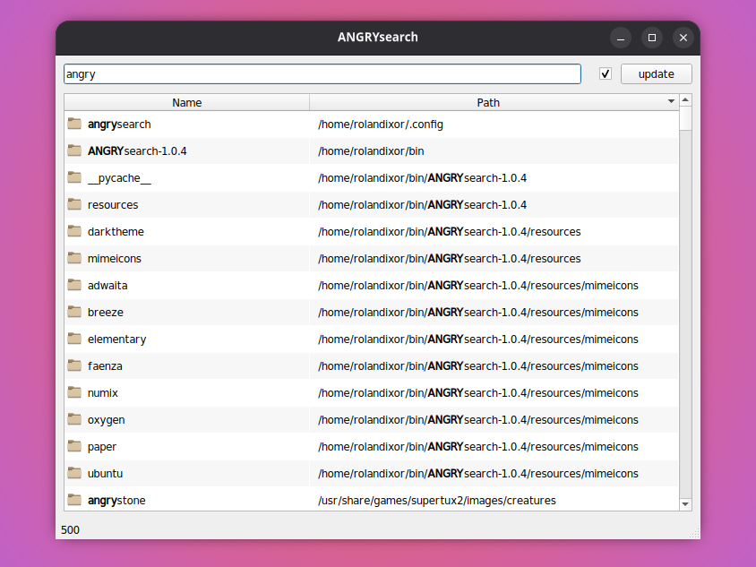 ANGRYsearch showing a search query for "angry", with the checkbox marked to enable fast searching without substrings