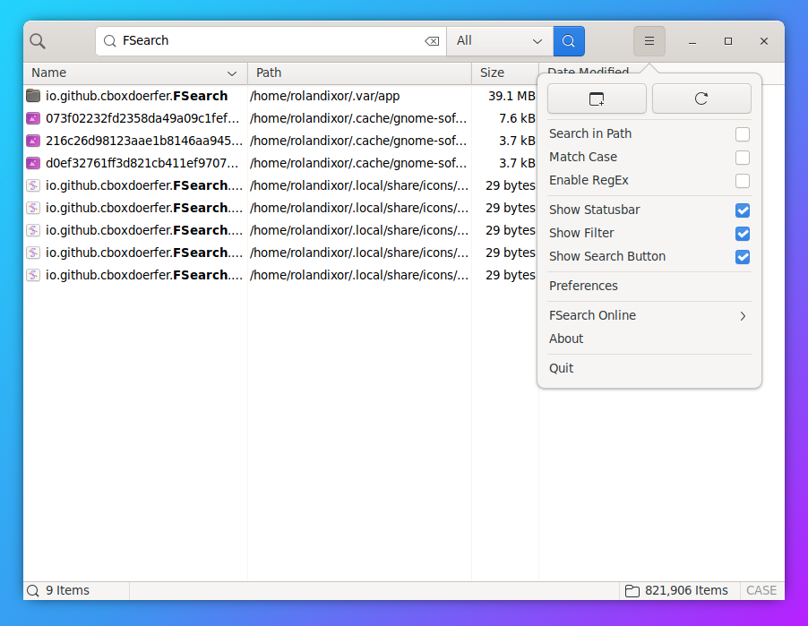 FSearch showing a query for "FSearch", with the application menu opened