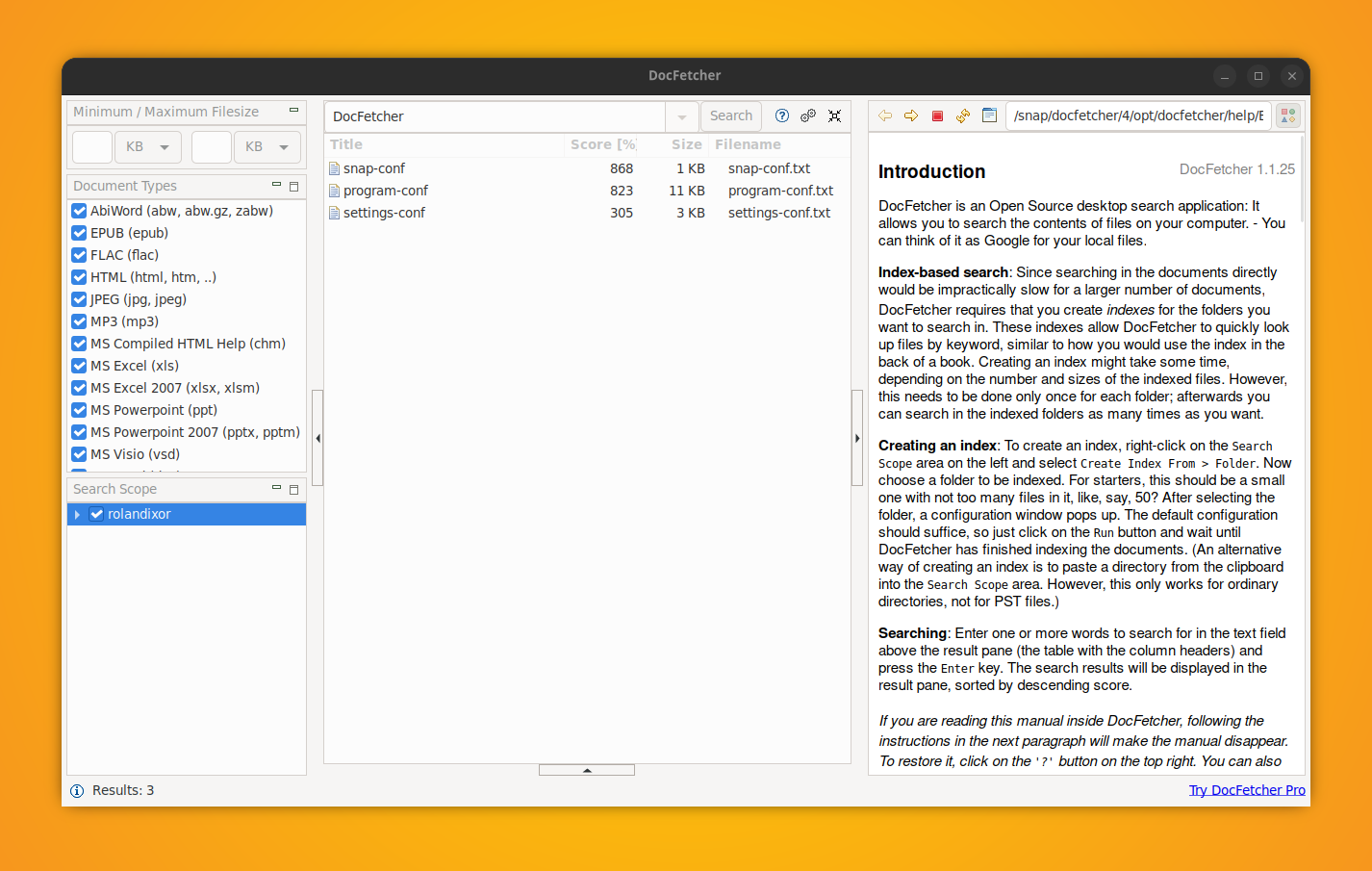 DocFetcher showing a query for "DocFetcher" and the application manual that is available right away from first launch.