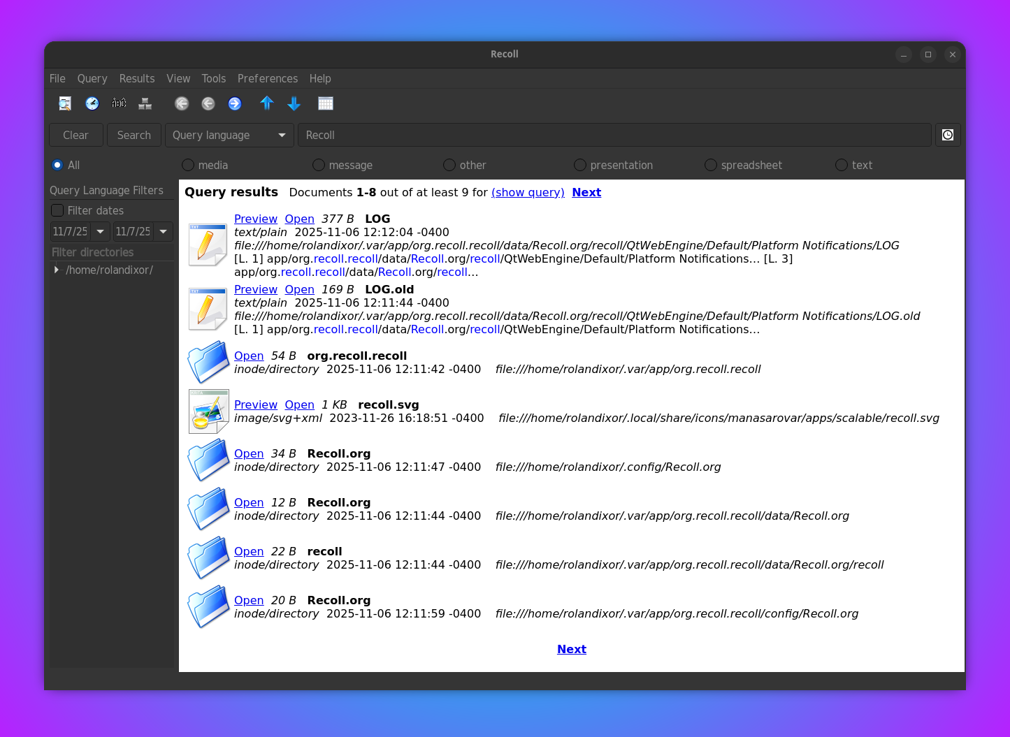 Recoll in dark mode, showing a query for "Recoll" and its search results
