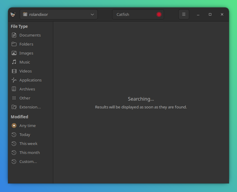 Catfish showing a query for "Catfish", which has not produced any results, resulting in a 'searching' screen.