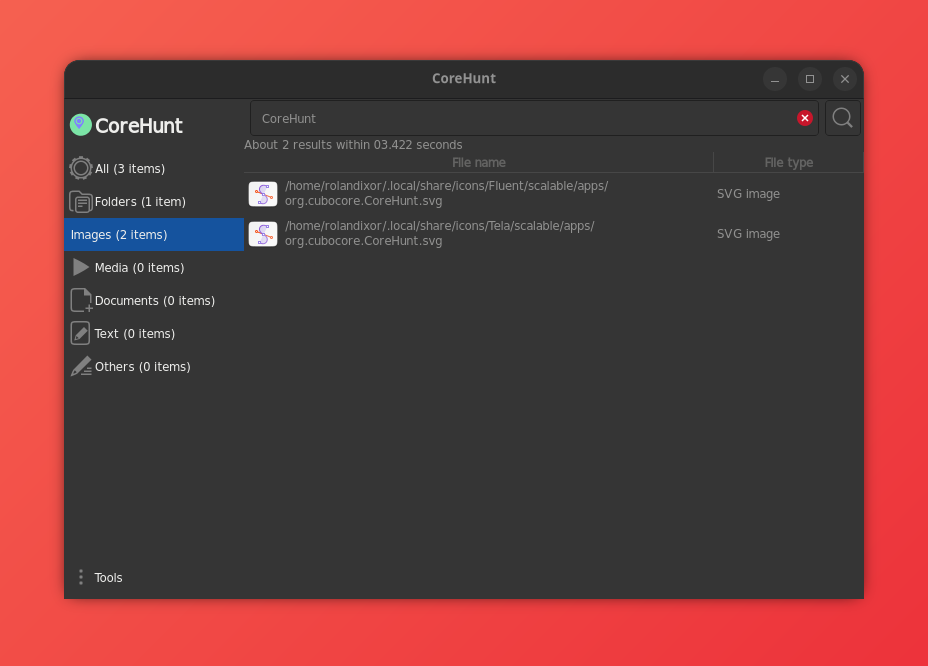CoreHunt showing the search results interface after the query "CoreHunt", filtered to just images