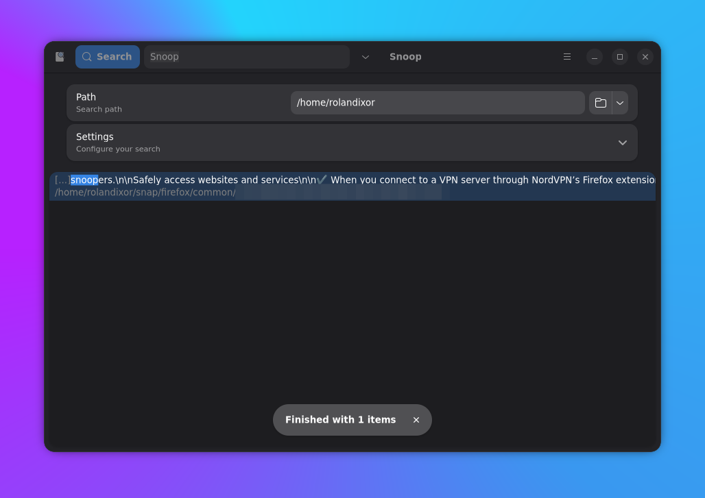 Snoop in dark mode, showing the results for searching for "Snoop" including an entry from Firefox's profile
