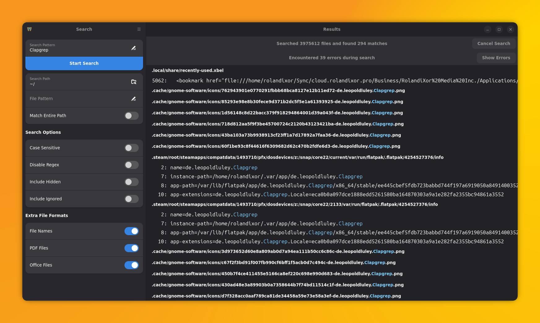 Clapgrap in dark mode showing a query for "Clapgrep". The screenshot demonstrates the full text search feature in action as well.