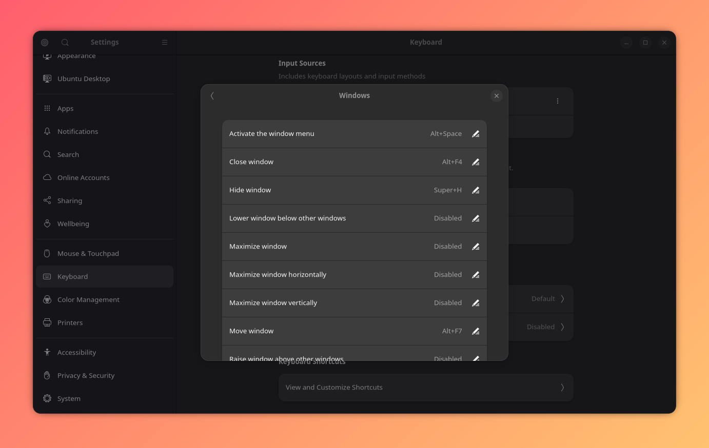 GNOME Settings showing the keyboard shortcut settings for window management, with a number of shortcuts disabled.