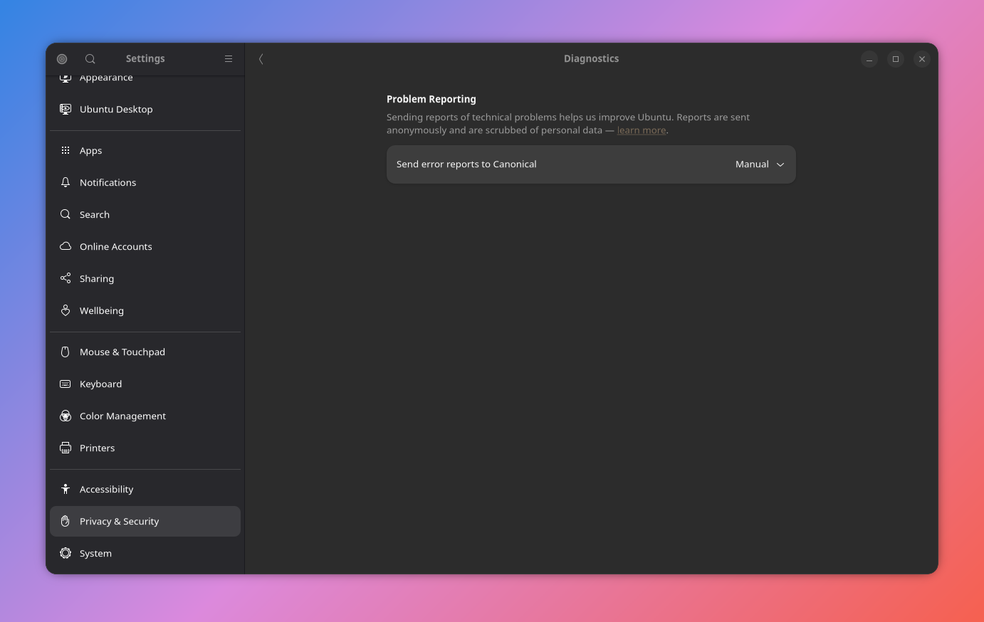 GNOME Settings in Ubuntu showing manual error reporting enabled in the Diagnostics settings in the Privacy & Security tab