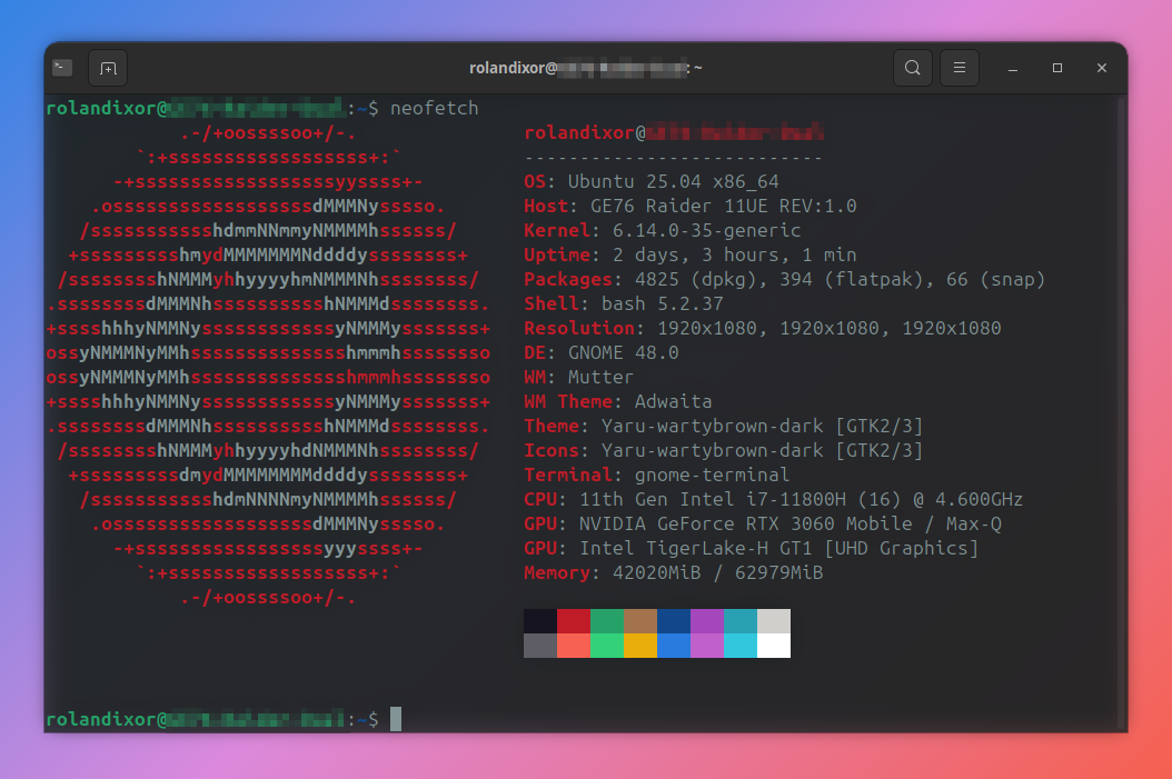 Neofetch on gnome-terminal showing the system information for the author's laptop
