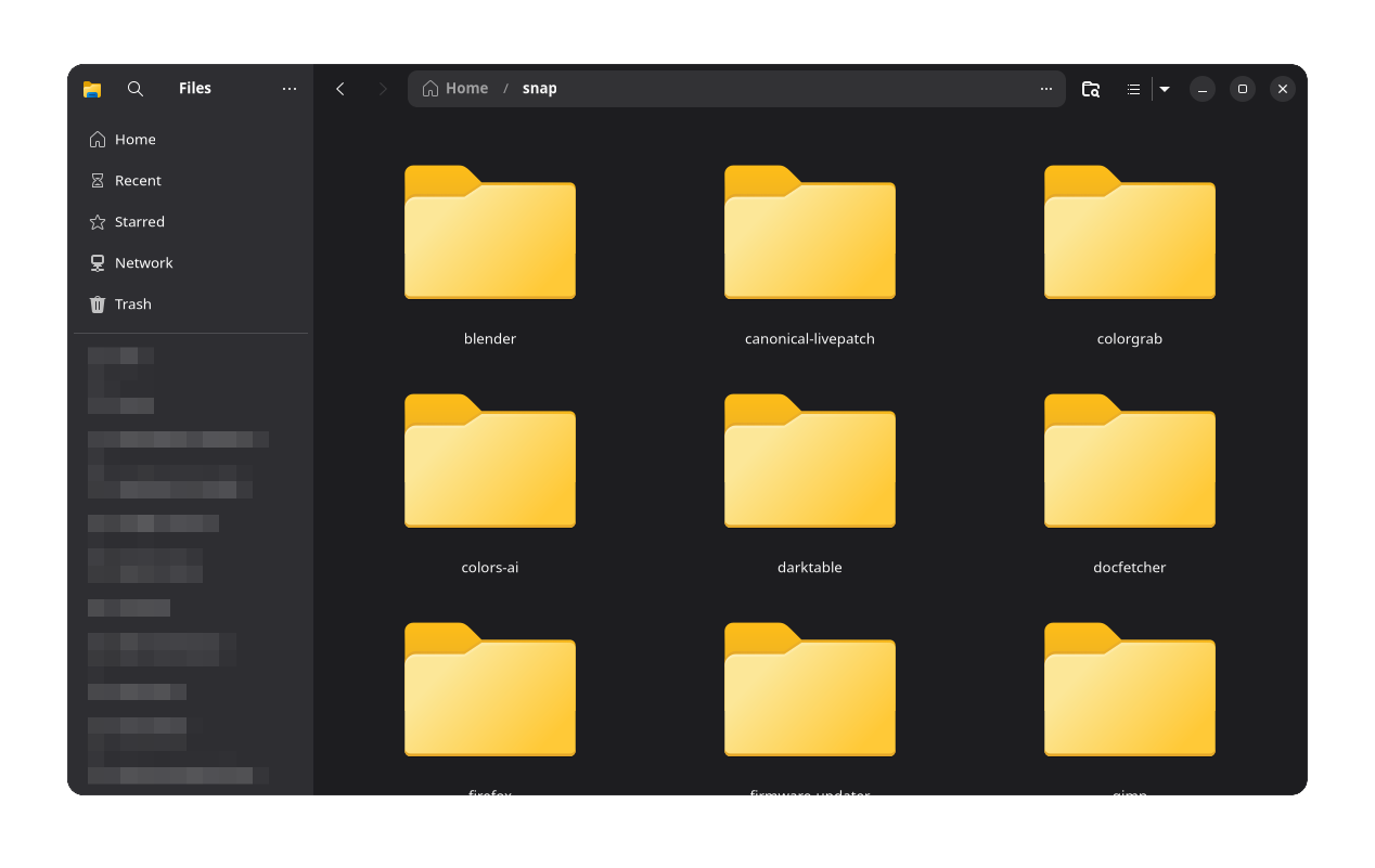 A screenshot of GNOME Files showing the author's snap directory