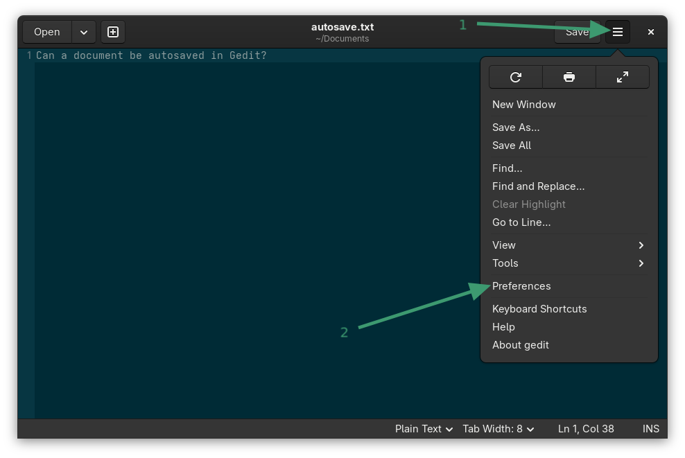 Access preferences in Gedit