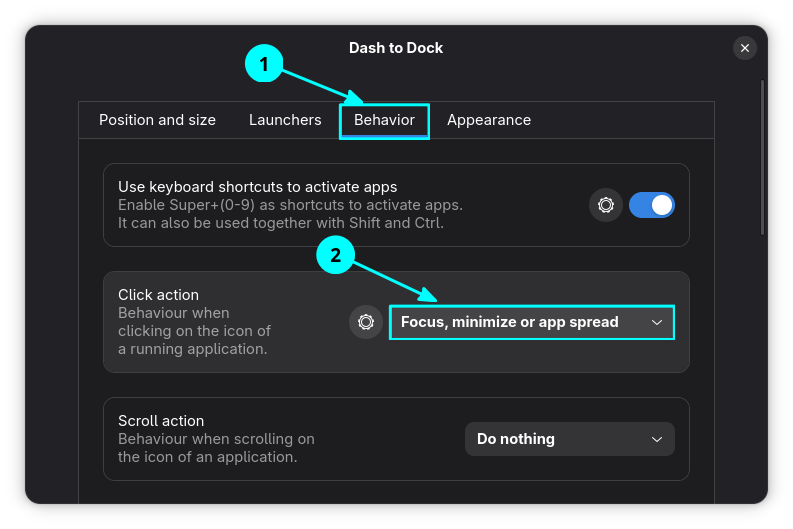 On the behviour tab of extension settings, set the Click Actions option value to Focus, minimize, or app spread.