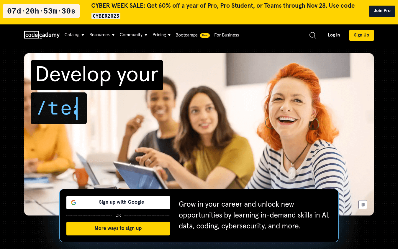 this is a screenshot of the codeacademy homepage, which has the picture of a some people in the middle and a yellow-colored cyber week sale banner at the top